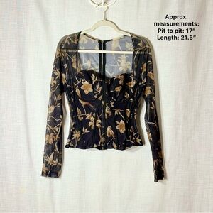 MyBoo Floral Mesh Corset Top Long Sleeve Sheer Bustier Zip Back 2XL